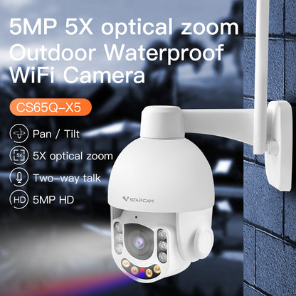 Z-Outdoor 5MP WiFi Wireless PTZ Cameras, HD Pan Tilt 5X Zoom Security Camera, 2-Way Audio Motion Detection Dome Cameras | CS65Q-X5 - VStarcam