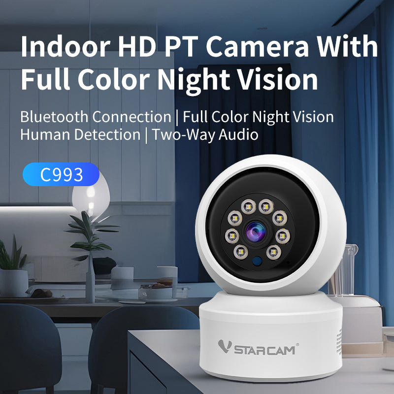 Indoor WiFi Security Camera with Color Night Vision, 720P HD, AI Motion Detection, 360°View Pan/Tilt, Two-Way Audio, Cloud Storage l C993