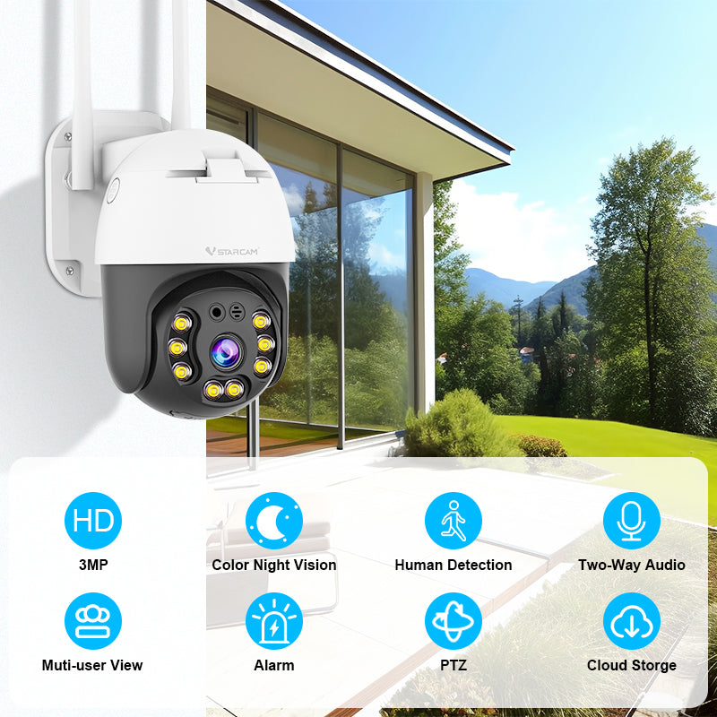 Security Cameras Wireless Outdoor-2.4G WiFi Home Security Cameras with Human Detection, Two Way Talk, HD 3MP Pan Tile Full Color Night Vision | CS64